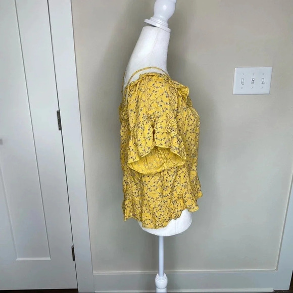 American Eagle Yellow and Blue Floral Print Off The Shoulder Top Ruffles Straps - Picture 4 of 12
